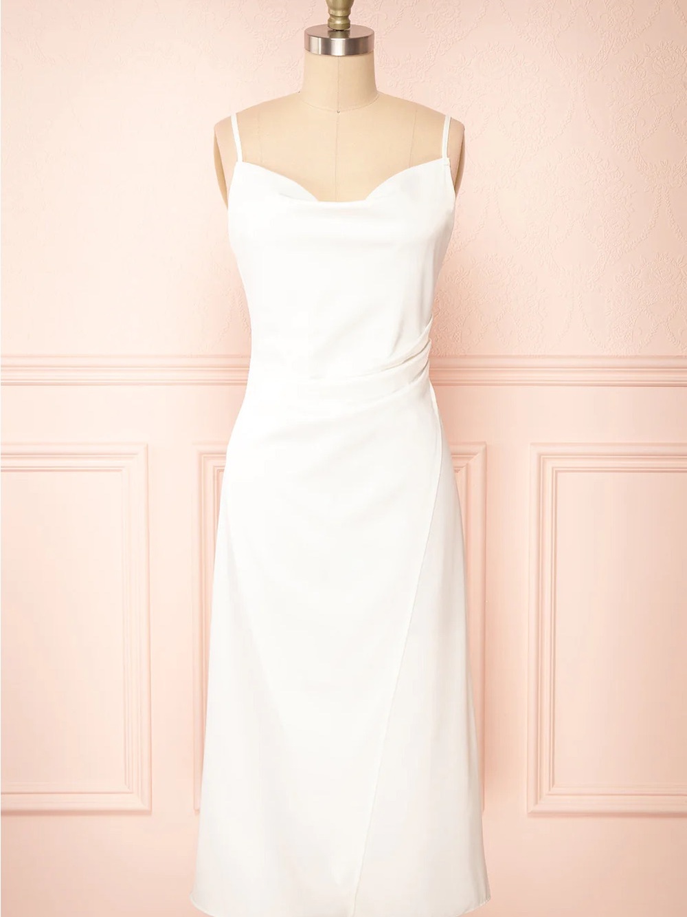 1861- re:named Chloe White Slip Midi Dress with Thin Straps cowl neck